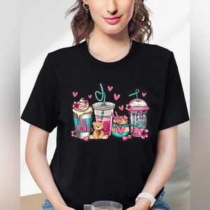 Valentine's Day Coffee Cup & Bear Graphic Round Neck Short Sleeve T-shirt XXL